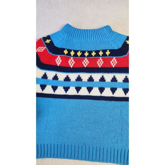 VTG 70S Kids Fair Isle Knit Sweater Blue White Crew neck Sz L 6/7 Little Alumnus - Picture 9 of 14